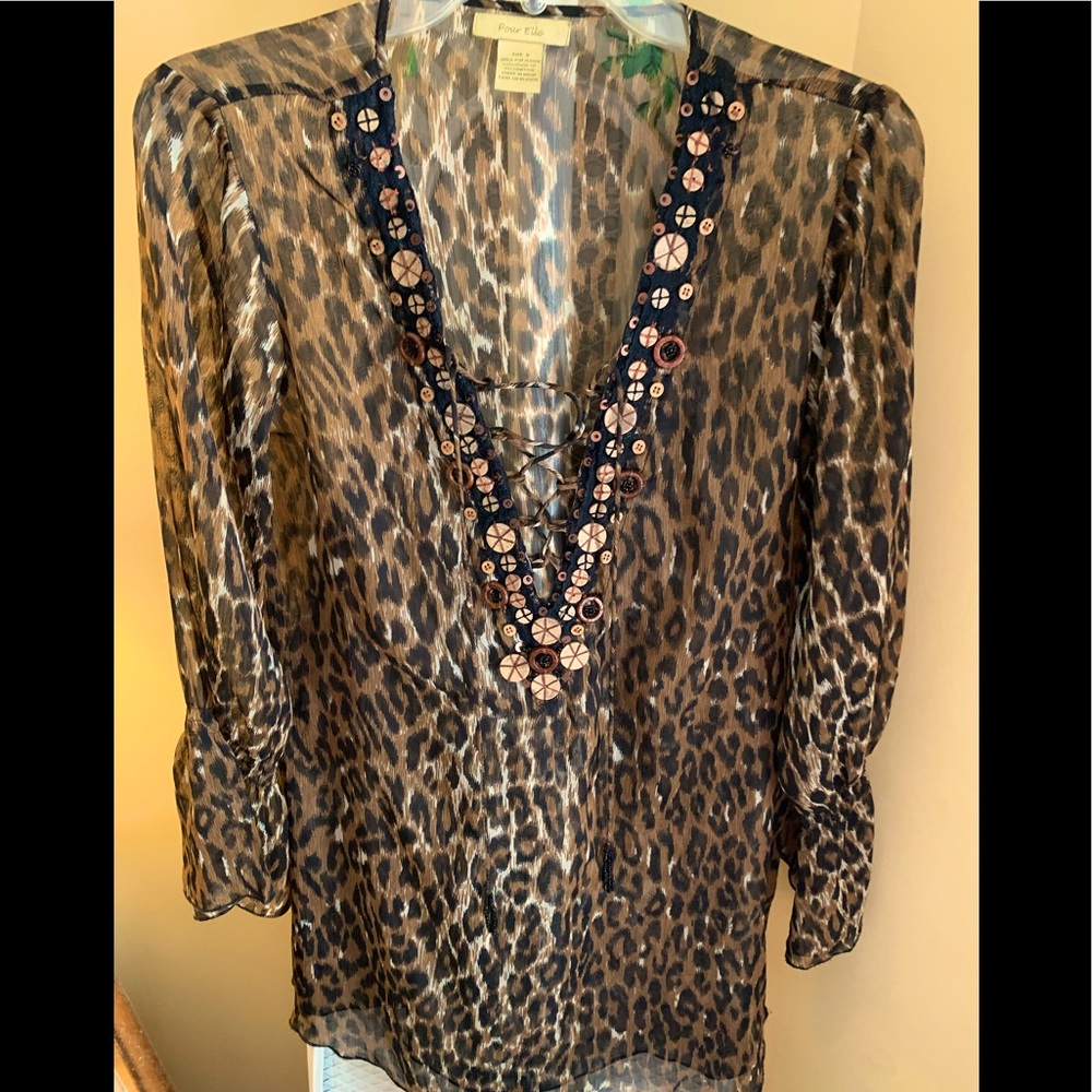 Sheer leopard animal print wood button embellish vneck blouse